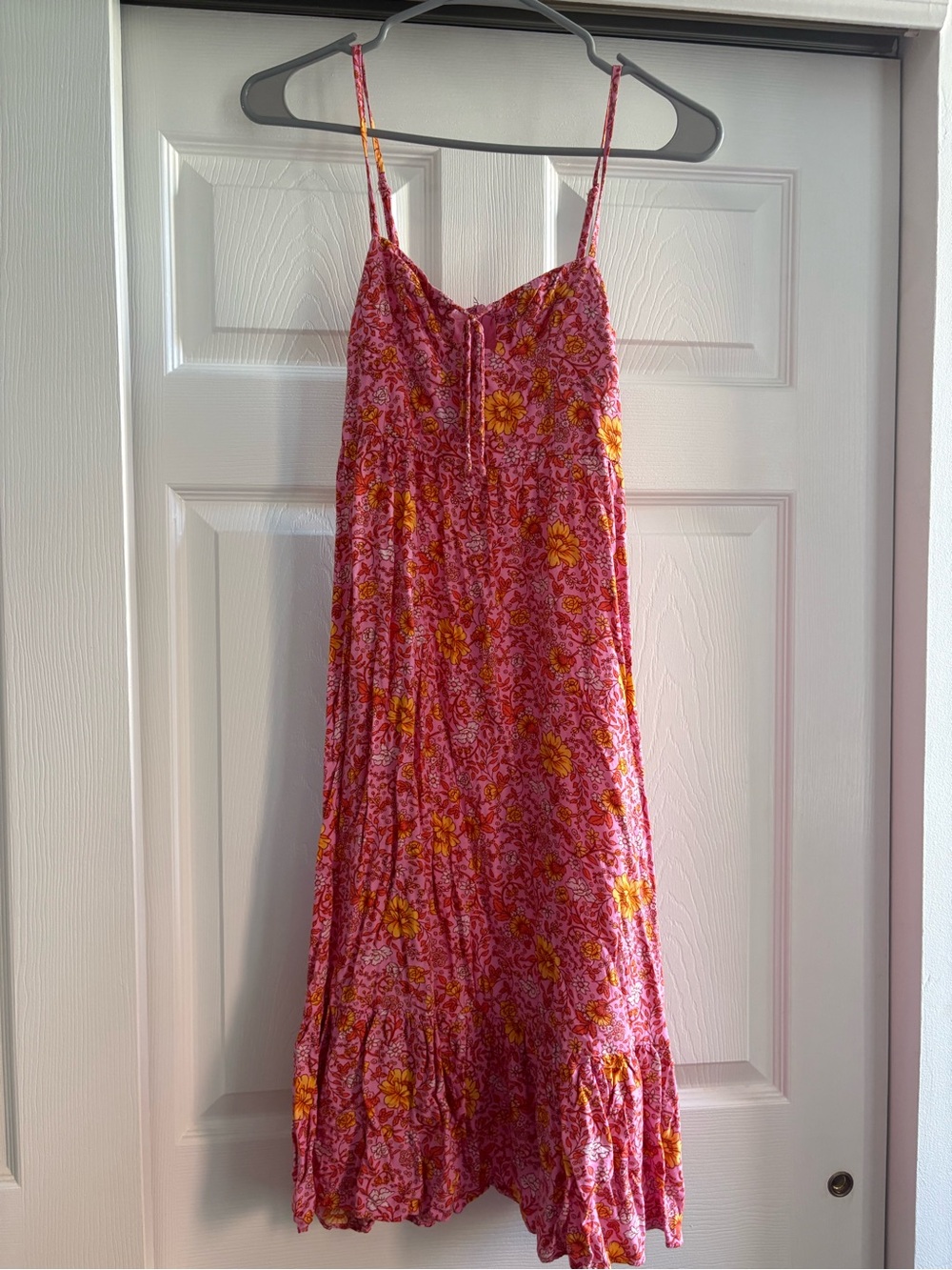 Floral Spaghetti-Strap Midi Dress in Pink & Yellow